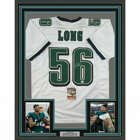 FRAMED Autographed/Signed CHRIS LONG 33x42 Philadelphia White Jersey JSA COA