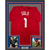 Framed Autographed/Signed Hope Solo 35x39 Red Team USA World Cup Jersey JSA COA