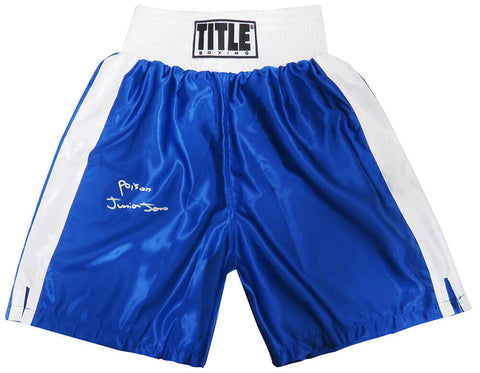 Junior Jones Signed Title Blue With White Trim Boxing Trunks w/Poison - (SS COA)
