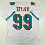 Autographed/Signed JASON TAYLOR Miami White Football Jersey Beckett BAS COA