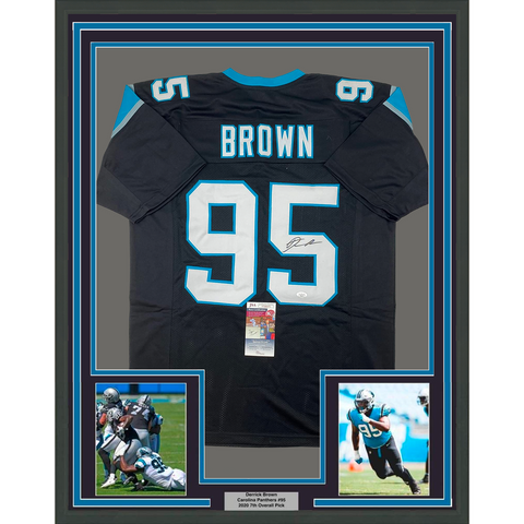 Framed Autographed/Signed Derrick Brown 33x42 Carolina Black Jersey JSA COA