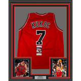 Framed Autographed/Signed Toni Kukoc 33x42 Chicago Red Jersey JSA COA