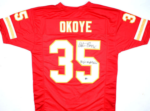 Christian Okoye Signed Red Pro Style Jersey w/ Nigerian Nightmare-Beckett W Holo