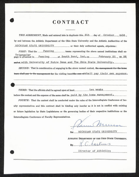 Biggie Munn HOF Michigan State Head Coach Signed/Auto Contract JSA BA199645