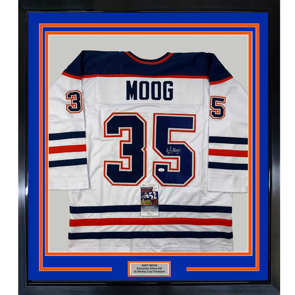 Framed Autographed/Signed Andy Moog 35x39 Edmonton White Jersey JSA COA