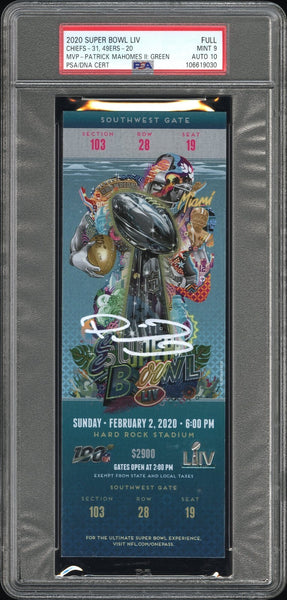PATRICK MAHOMES SIGNED 2020 SUPER BOWL LIV 54 TICKET CHIEFS 49ERS PSA 9 AUTO 10