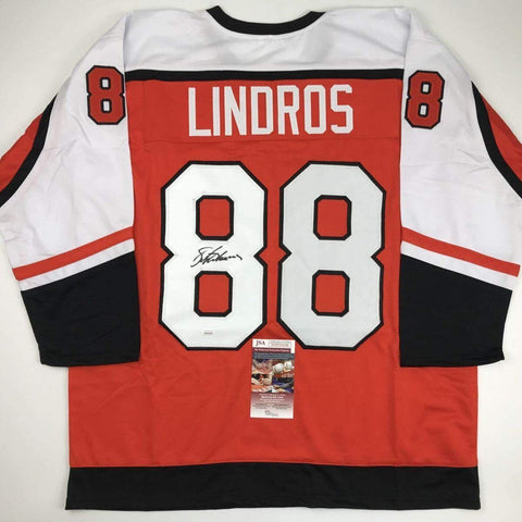 Autographed/Signed ERIC LINDROS Philadelphia Orange Hockey Jersey JSA COA Auto