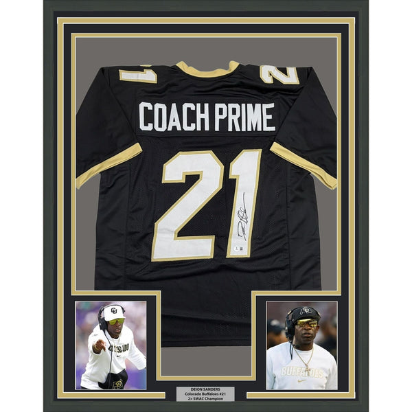 Framed Autographed/Signed Deion Sanders 35x39 Coach Colorado Jersey BAS COA