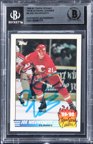 Flames Joe Nieuwendyk Signed 1990 Topps Tiffany Team SL #8 Card BAS Slabbed