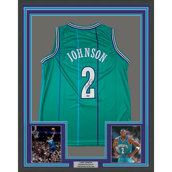 Framed Autographed/Signed Larry Johnson 33x42 Charlotte Teal Jersey Steiner COA