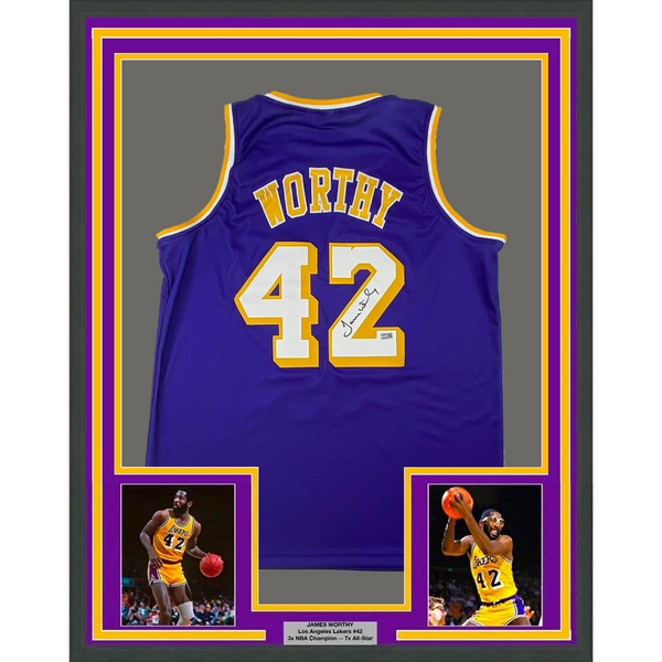 Framed Autographed/Signed James Worthy 33x42 LA Purple Jersey Steiner COA