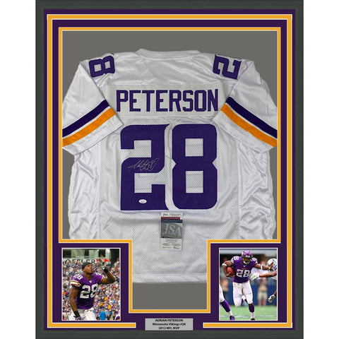 Framed Autographed/Signed Adrian Peterson 35x39 Minnesota White Football Jersey