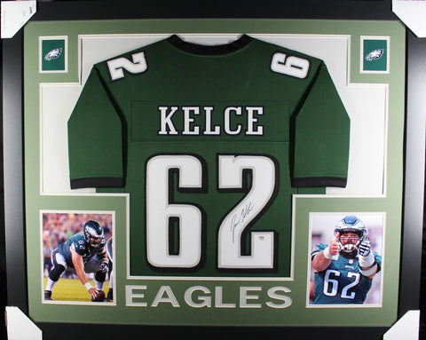 JASON KELCE (Eagles green SKYLINE) Signed Autographed Framed Jersey PSA