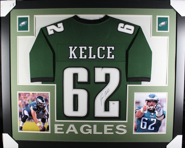 JASON KELCE (Eagles green SKYLINE) Signed Autographed Framed Jersey PSA