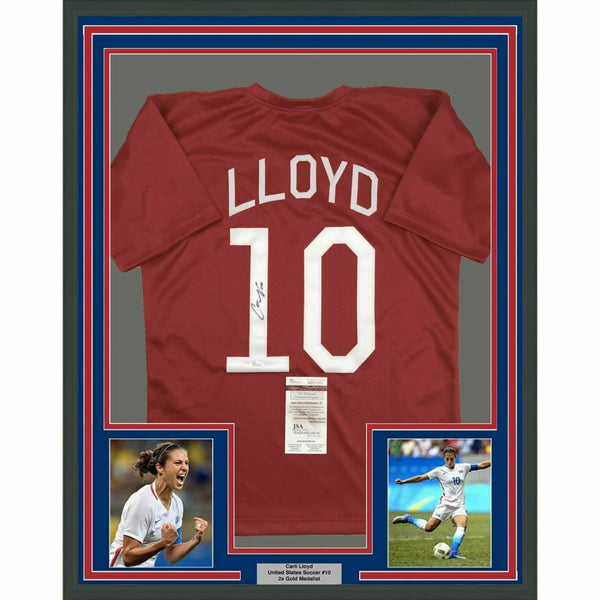 FRAMED Autographed/Signed CARLI LLOYD 33x42 Red Team USA Soccer Jersey JSA COA