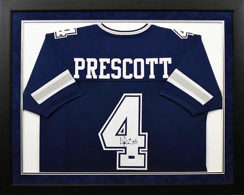 DAK PRESCOTT AUTOGRAPHED DALLAS COWBOYS #4 NAVY FRAMED JERSEY JSA