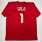 Autographed/Signed Hope Solo Red Soccer Team USA World Cup Jersey JSA COA