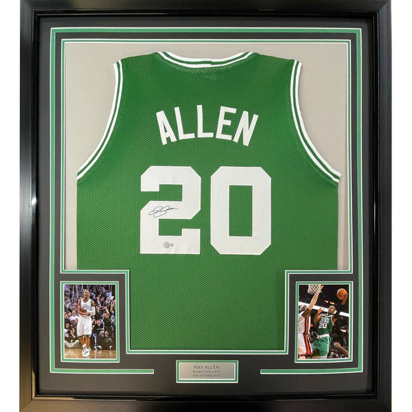 Framed Autographed/Signed Ray Allen 35x39 Boston Green Jersey Beckett COA