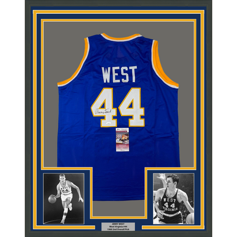 Framed Autographed/Signed Jerry West 33x42 West Virginia College Jersey JSA COA