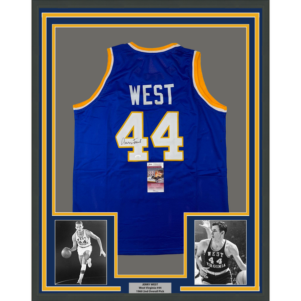 Framed Autographed/Signed Jerry West 33x42 West Virginia College Jersey JSA COA