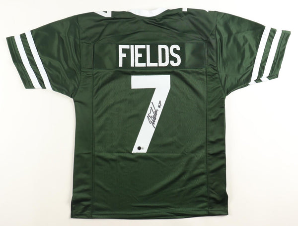 Justin Fields Signed New York Jets Dark Green Jersey (Beckett) Ex-Ohio State Q.B