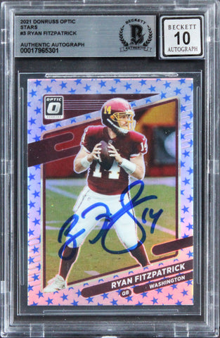 Commanders Ryan Fitzpatrick Signed 2021 Donruss Optic #3 Card Auto 10! BAS Slab