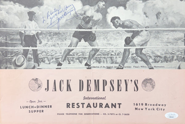 Jack Dempsey Autographed/Signed 14x9.5 Restaurant Menu JSA BA211681