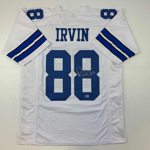 Autographed/Signed Michael Irvin Dallas White Football Jersey Beckett BAS COA