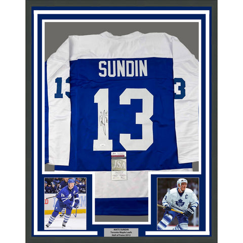 Framed Autographed/Signed Mats Sundin 33x42 HOF 12 Toronto Blue Jersey JSA COA
