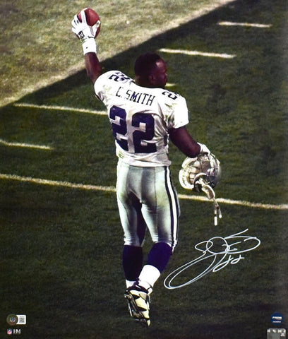 Emmitt Smith Autographed Cowboys 16x20 Holding Football Photo- Beckett W Holo