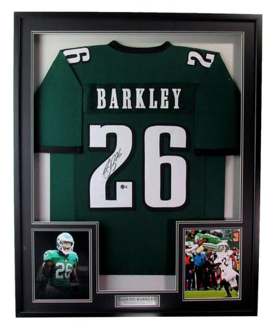 Saquon Barkley Signed/Auto Eagles Green Football Jersey Framed Beckett 193924