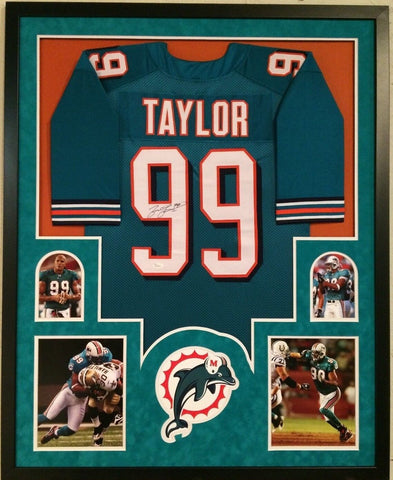 FRAMED MIAMI DOLPHINS JASON TAYLOR AUTOGRAPHED SIGNED JERSEY JSA COA