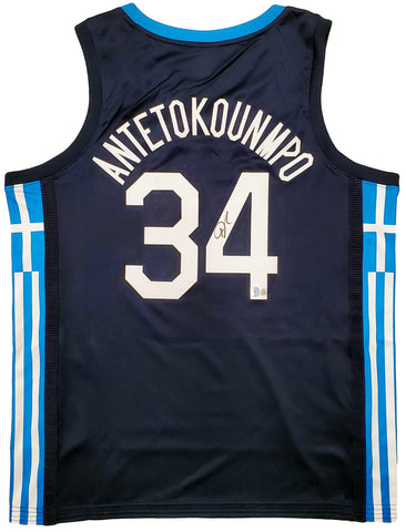 TEAM GREECE GIANNIS ANTETOKOUNMPO AUTOGRAPHED BLUE NIKE JERSEY XL BECKETT 197443
