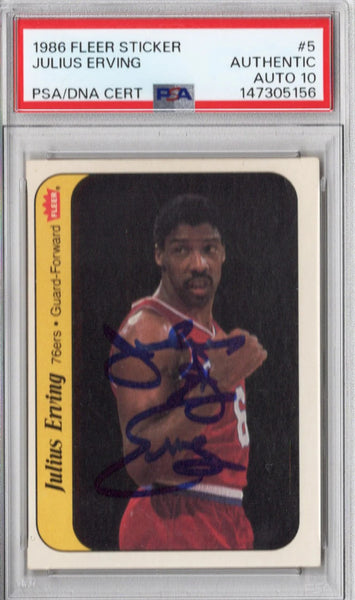 Julius Dr. J Erving Signed 76ers 1986 Fleer Sticker PSA AUTHENTIC AUTO 10