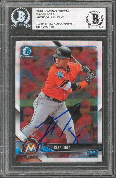 Marlins Isan Diaz Signed 2018 Bowman Chrome Prospects #BCP204 RC BAS Slabbed