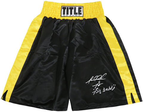 Riddick Bowe Signed Title Balck & Gold Trim Boxing Trunks w/Big Daddy - (SS COA)