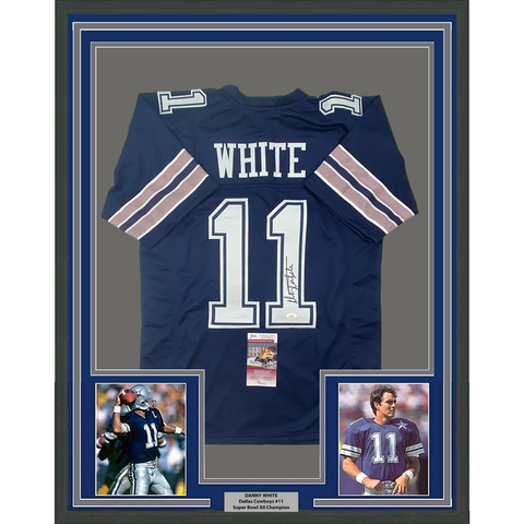 Framed Autographed/Signed Danny White 33x42 Dallas Dark Blue Jersey JSA COA