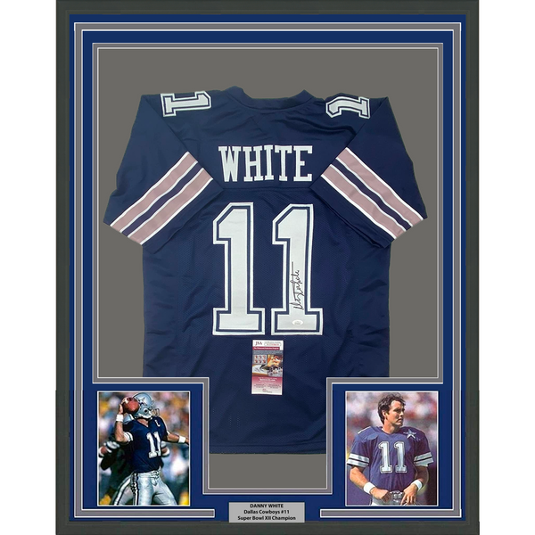 Framed Autographed/Signed Danny White 33x42 Dallas Dark Blue Jersey JSA COA