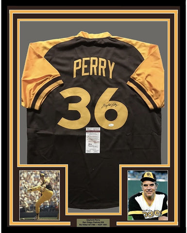 Framed Signed Gaylord Perry 35x39 San Diego Brown Jersey JSA COA