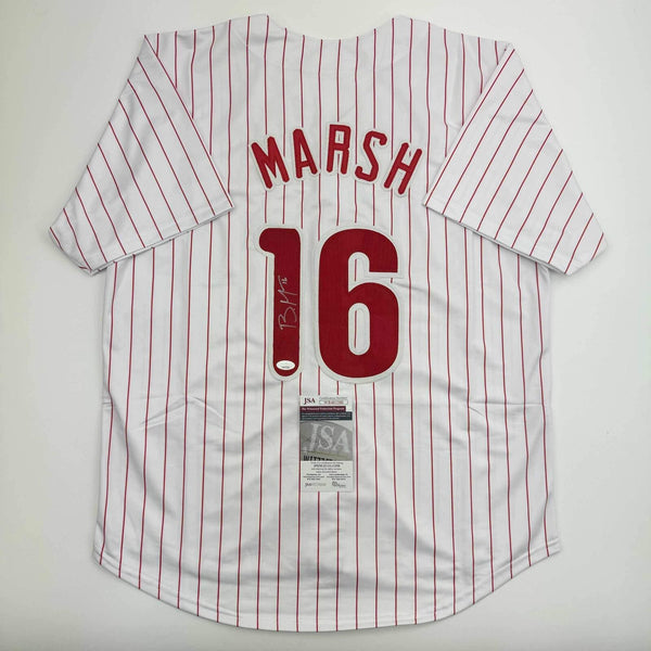 Autographed/Signed Brandon Marsh Philadelphia Pinstripe Baseball Jersey JSA COA