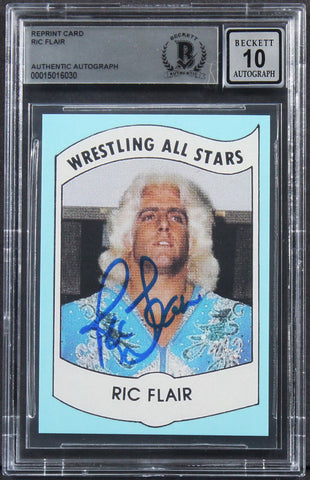 Ric Flair Signed 1982 Wrestling All Stars Rookie Reprint Card Auto 10! BAS Slab