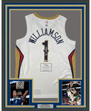 FRAMED Signed ZION WILLIAMSON 35x39 White Nike Jersey Fanatics COA