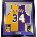 Framed Autographed/Signed Shaquille Shaq O'Neal 35x39 LA Split Jersey COA