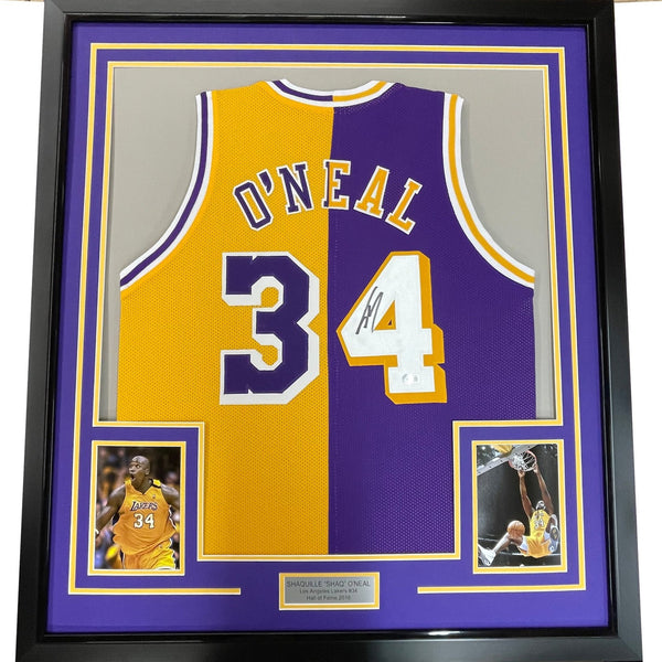 Framed Autographed/Signed Shaquille Shaq O'Neal 35x39 LA Split Jersey COA