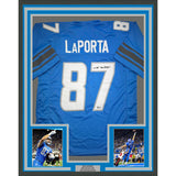 Framed Autographed/Signed Sam LaPorta 35x39 Detroit Blue Football Jersey BAS COA