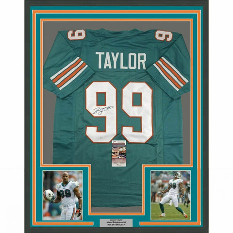 FRAMED Autographed/Signed JASON TAYLOR 33x42 Miami Teal Jersey JSA COA Auto