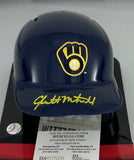Brewers Outifelder GARRETT MITCHELL Signed Rawlings BLUE Mini Helmet AUTO - JSA