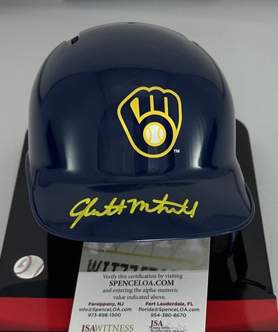 Brewers Outifelder GARRETT MITCHELL Signed Rawlings BLUE Mini Helmet AUTO - JSA