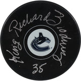 Richard Brodeur Autographed/Signed Vancouver Canucks Logo Puck King JSA 53997