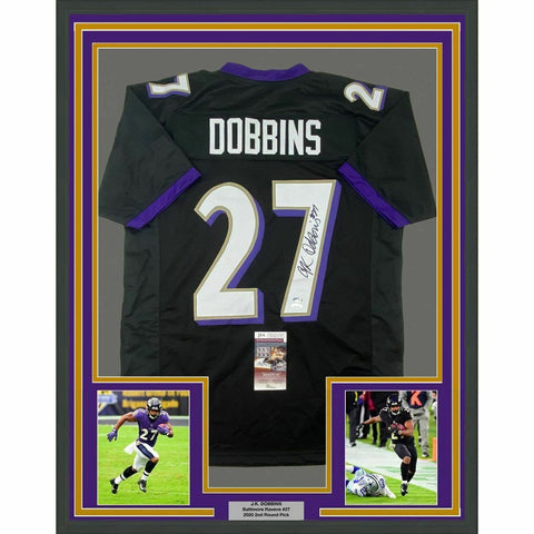 FRAMED Autographed/Signed JK J.K. Dobbins 33x42 Black Football Jersey JSA COA